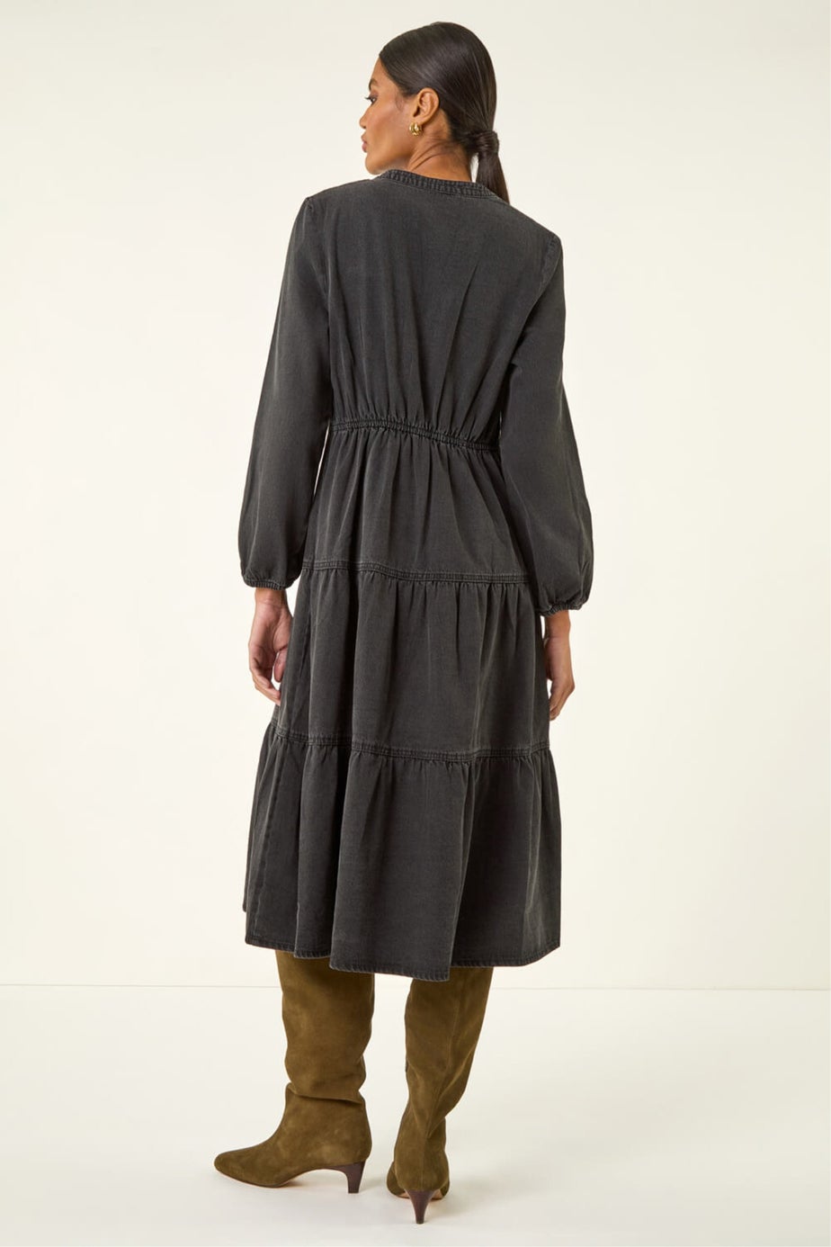 Roman Black Cotton Denim Tiered Midi Dress
