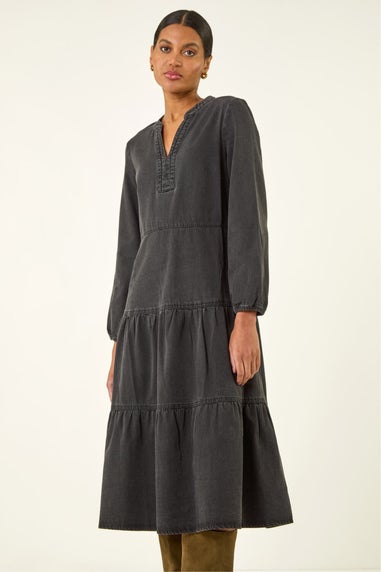 Roman Black Cotton Denim Tiered Midi Dress