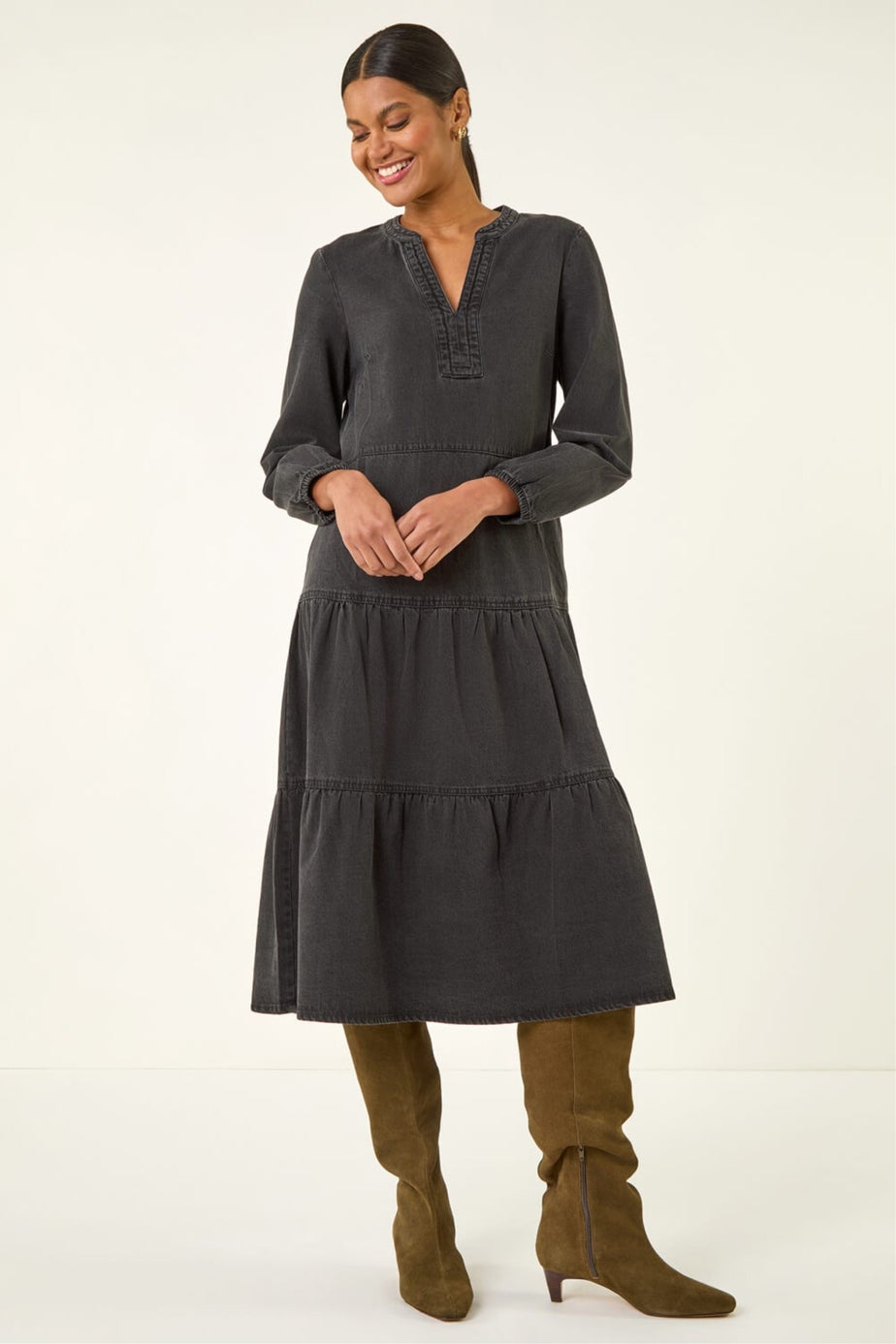 Roman Black Cotton Denim Tiered Midi Dress