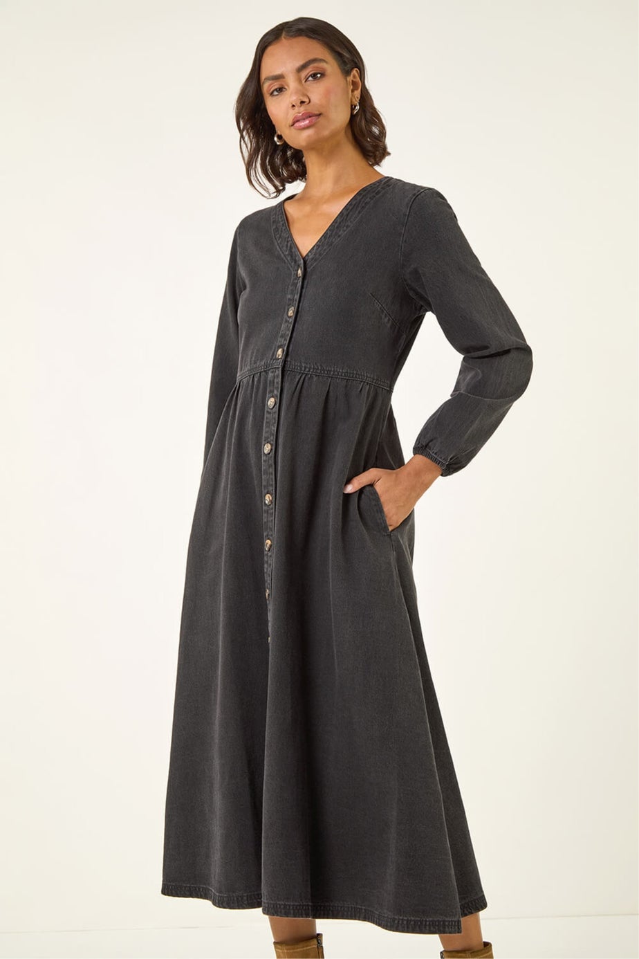Roman Black Denim Button Through Midi Dress