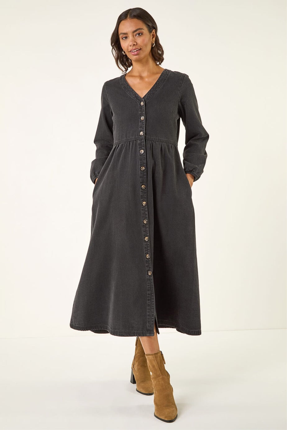 Roman Black Denim Button Through Midi Dress