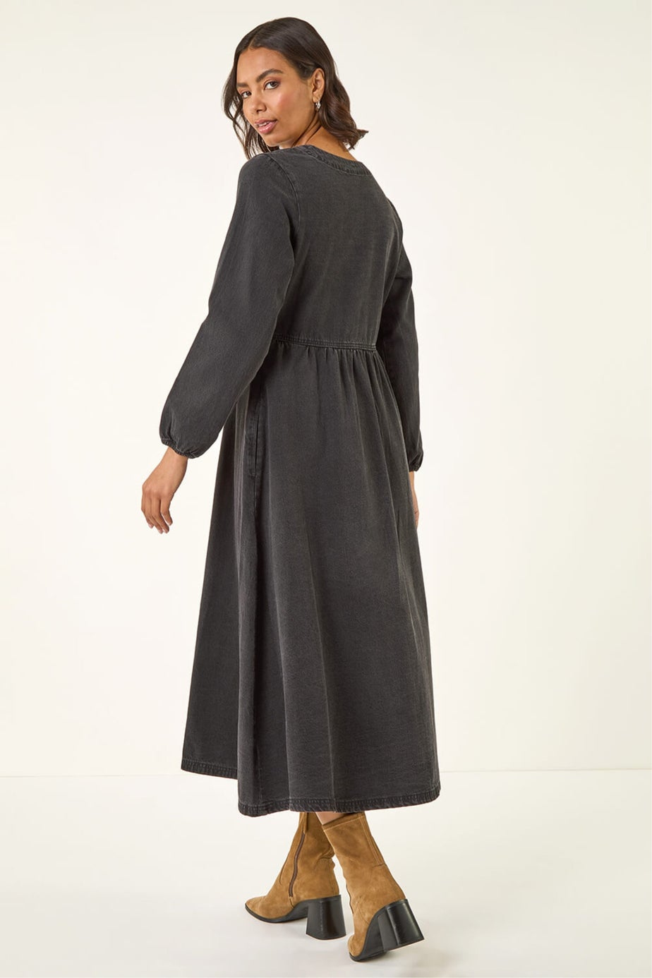Roman Black Denim Button Through Midi Dress