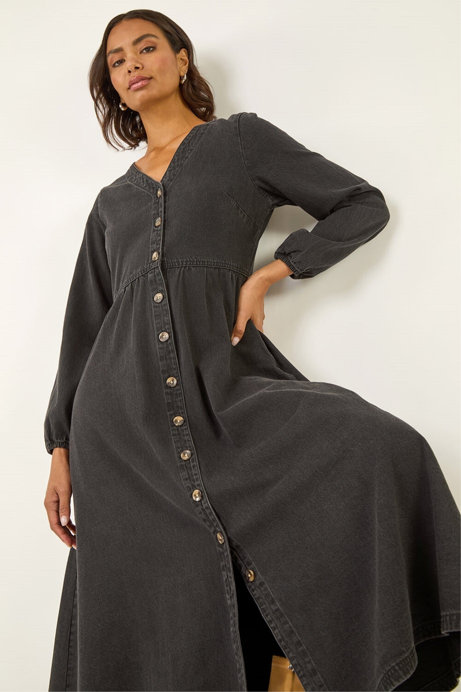 Roman Black Denim Button Through Midi Dress