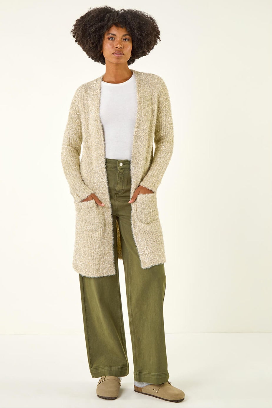 Roman Gold Metallic Longline Knit Cardigan