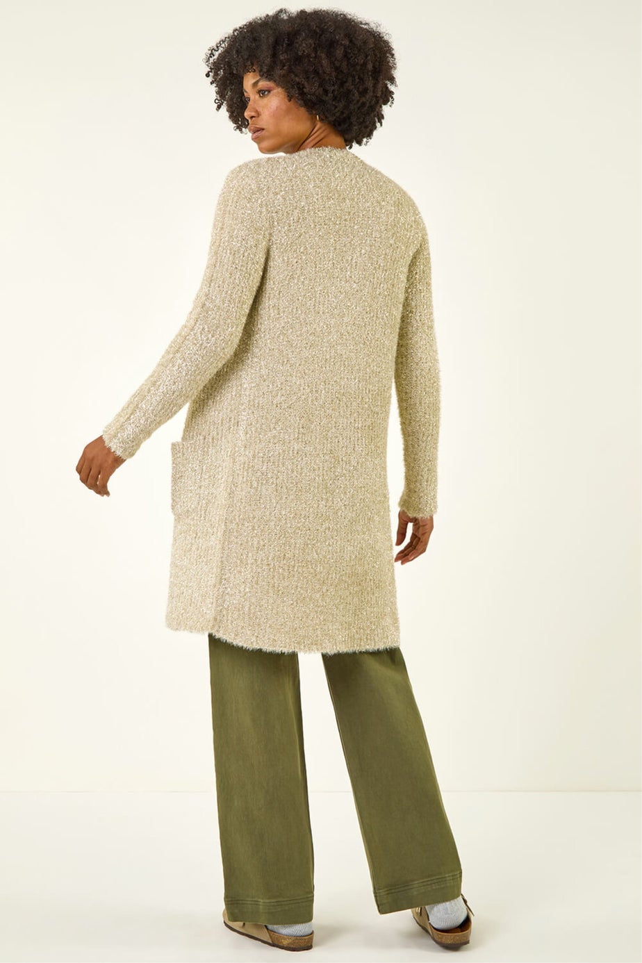 Roman Gold Metallic Longline Knit Cardigan