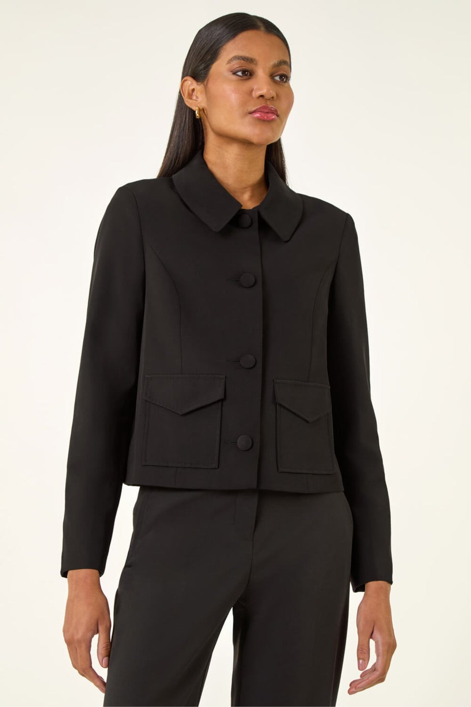 Roman Black Smart Buttoned Pocket Jacket