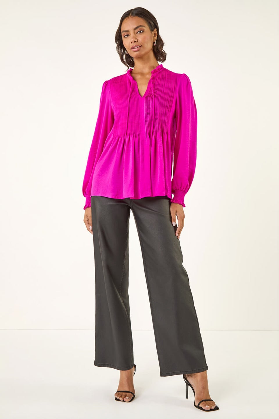 Roman Cerise Satin Pleated Tie Neck Top