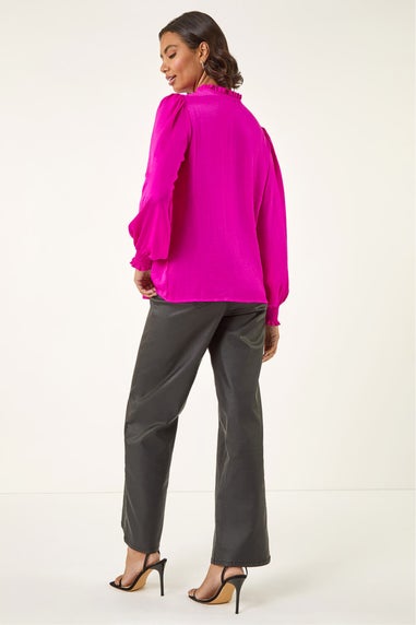 Roman Cerise Satin Pleated Tie Neck Top