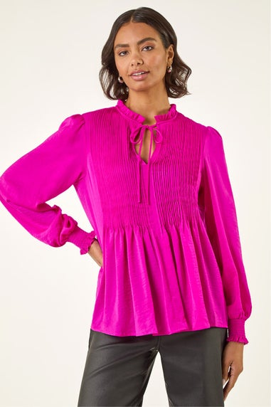 Roman Cerise Satin Pleated Tie Neck Top