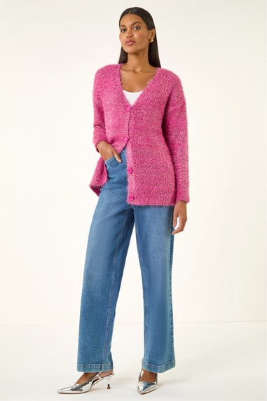 Roman Cerise Buttoned Tinsel Knit Cardigan