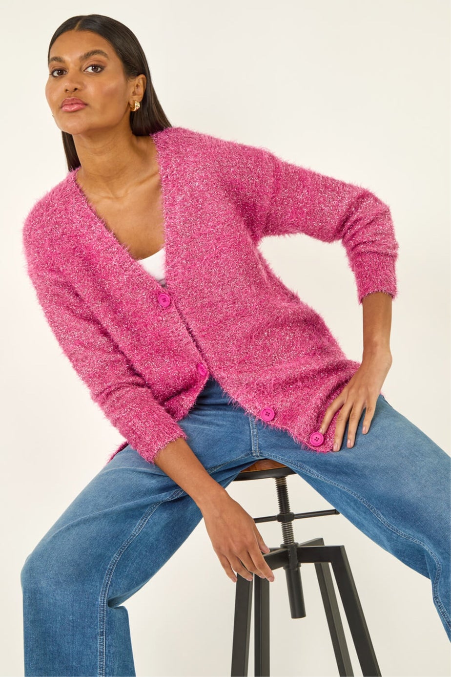 Roman Cerise Buttoned Tinsel Knit Cardigan