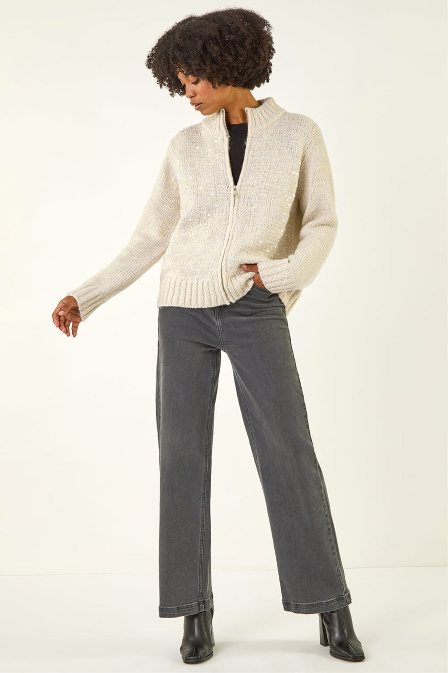 Roman Light Grey Sequin Zip Knit Cardigan