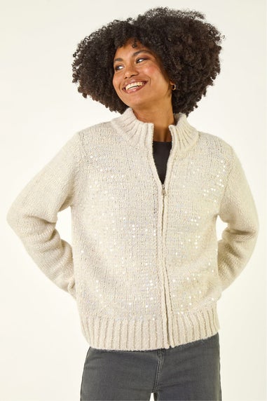 Roman Light Grey Sequin Zip Knit Cardigan
