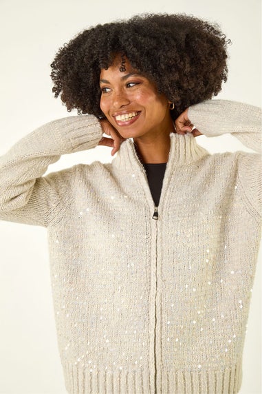 Roman Light Grey Sequin Zip Knit Cardigan