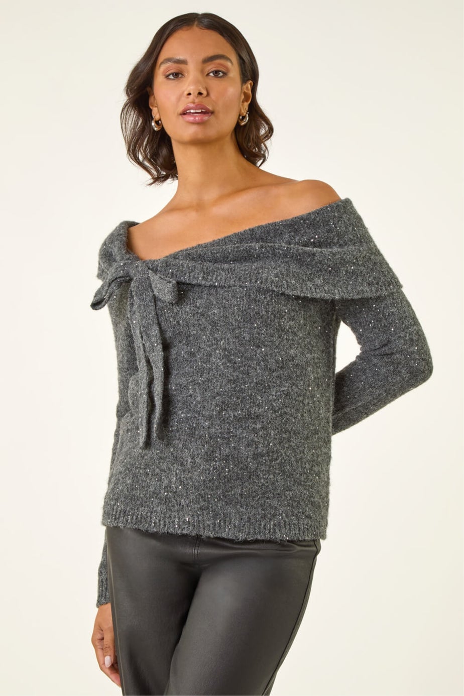 Roman Dark Grey Bardot Sequin Knit Jumper