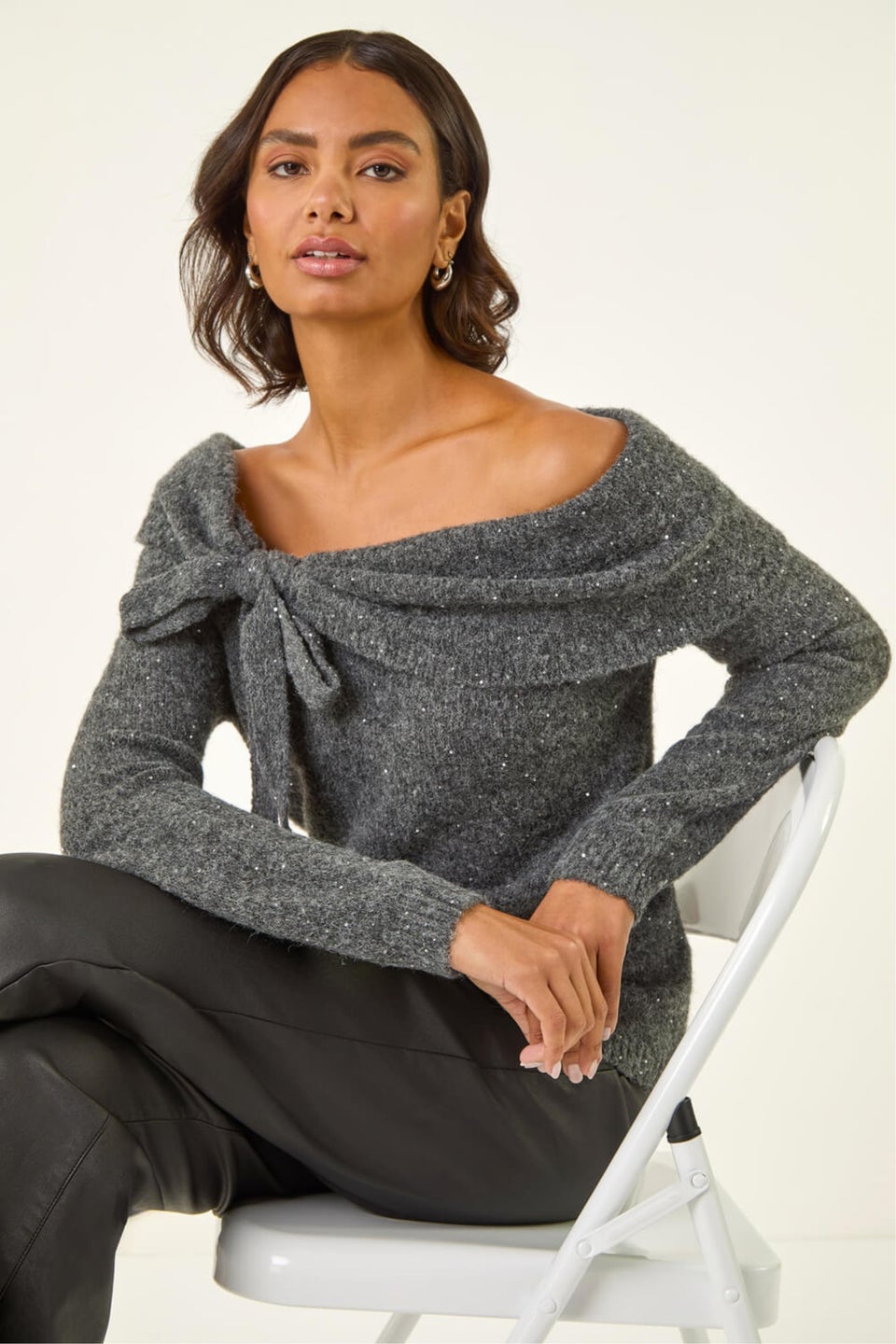 Roman Dark Grey Bardot Sequin Knit Jumper