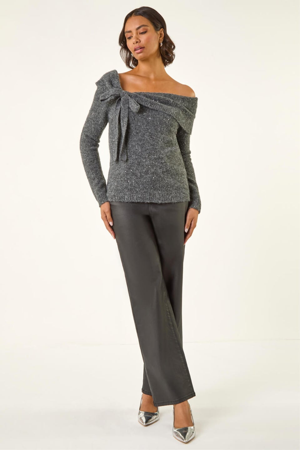 Roman Dark Grey Bardot Sequin Knit Jumper