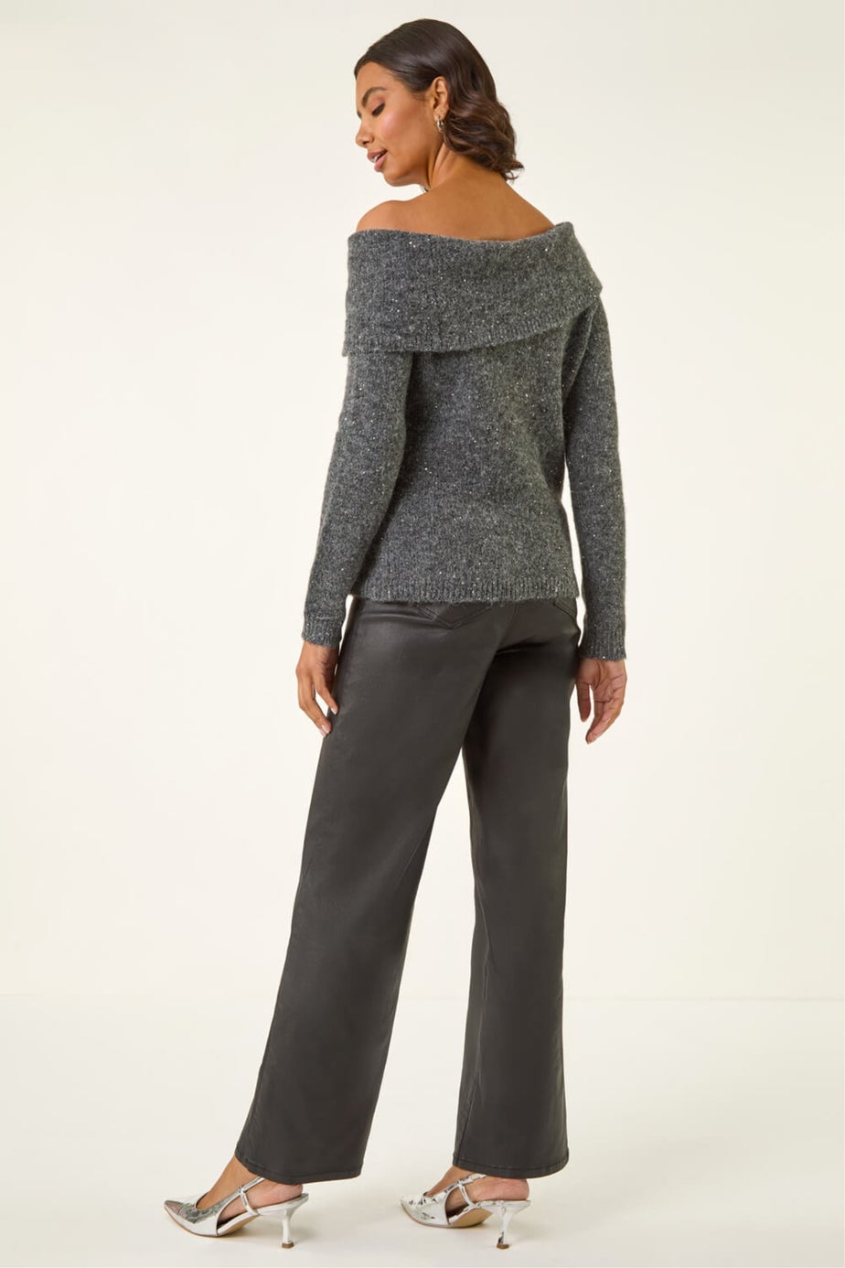 Roman Dark Grey Bardot Sequin Knit Jumper