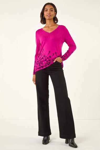 Roman Magenta Embellished Floral Print Knit Jumper