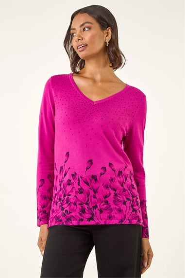 Roman Magenta Embellished Floral Print Knit Jumper