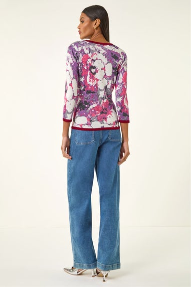 Roman Pink Floral Metallic Knit Top