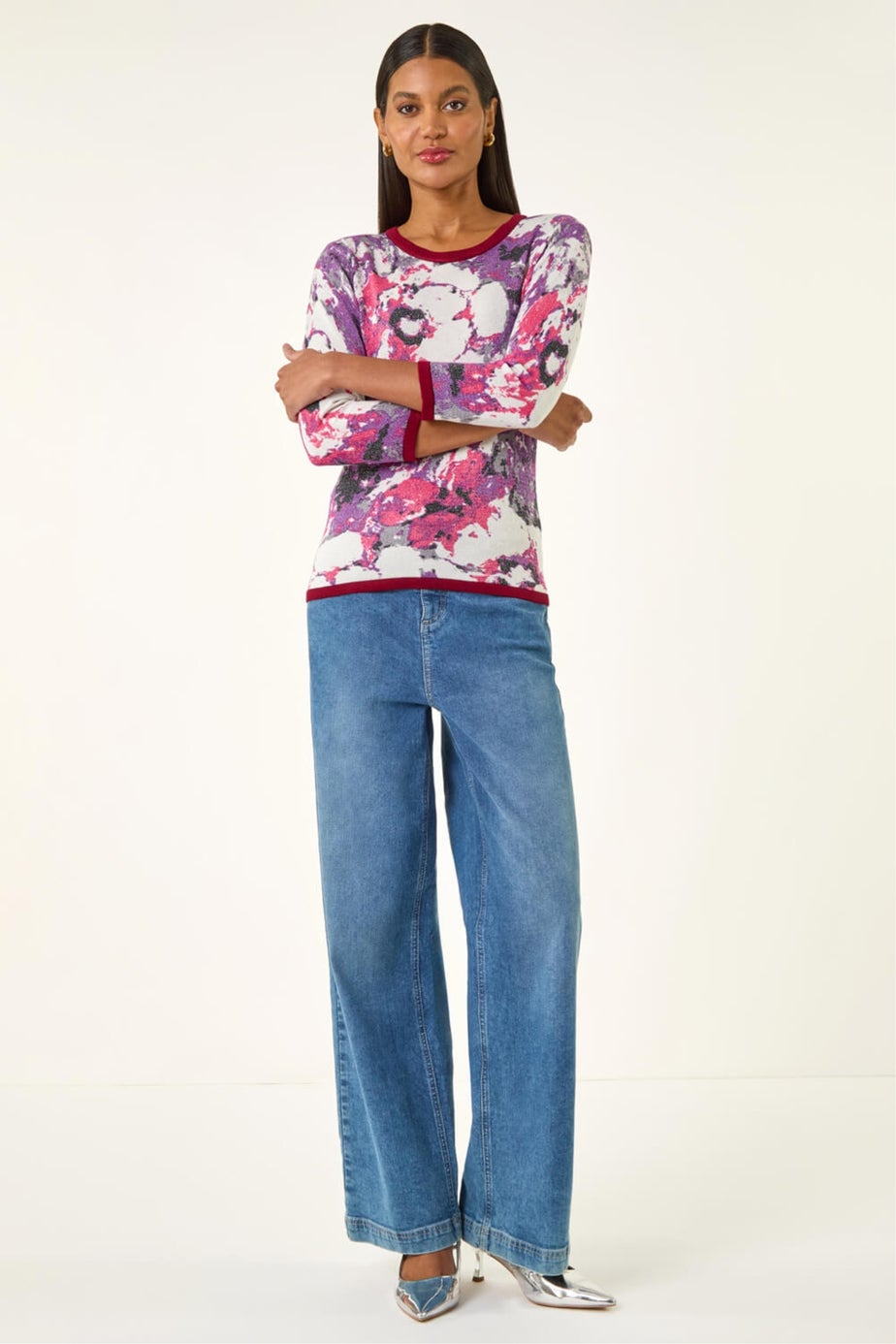 Roman Pink Floral Metallic Knit Top