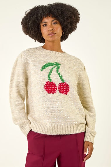 Roman Ivory Sequin Cherry Knit Jumper