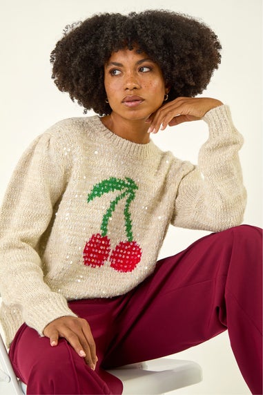 Roman Ivory Sequin Cherry Knit Jumper