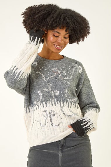 Roman Grey Jacquard Bow Knit Jumper