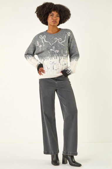 Roman Grey Jacquard Bow Knit Jumper