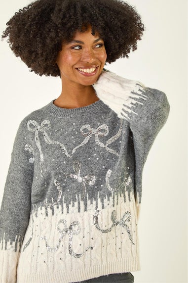 Roman Grey Jacquard Bow Knit Jumper