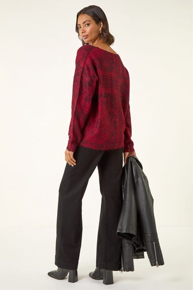 Roman Red Abstract Jacquard V-Neck Jumper