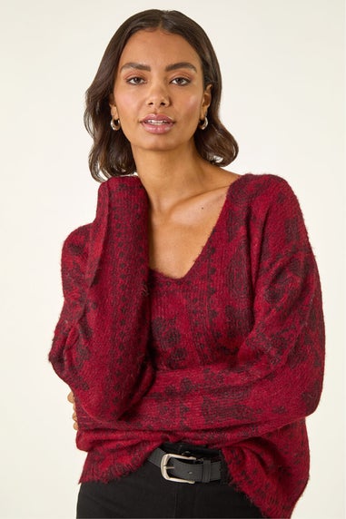 Roman Red Abstract Jacquard V-Neck Jumper