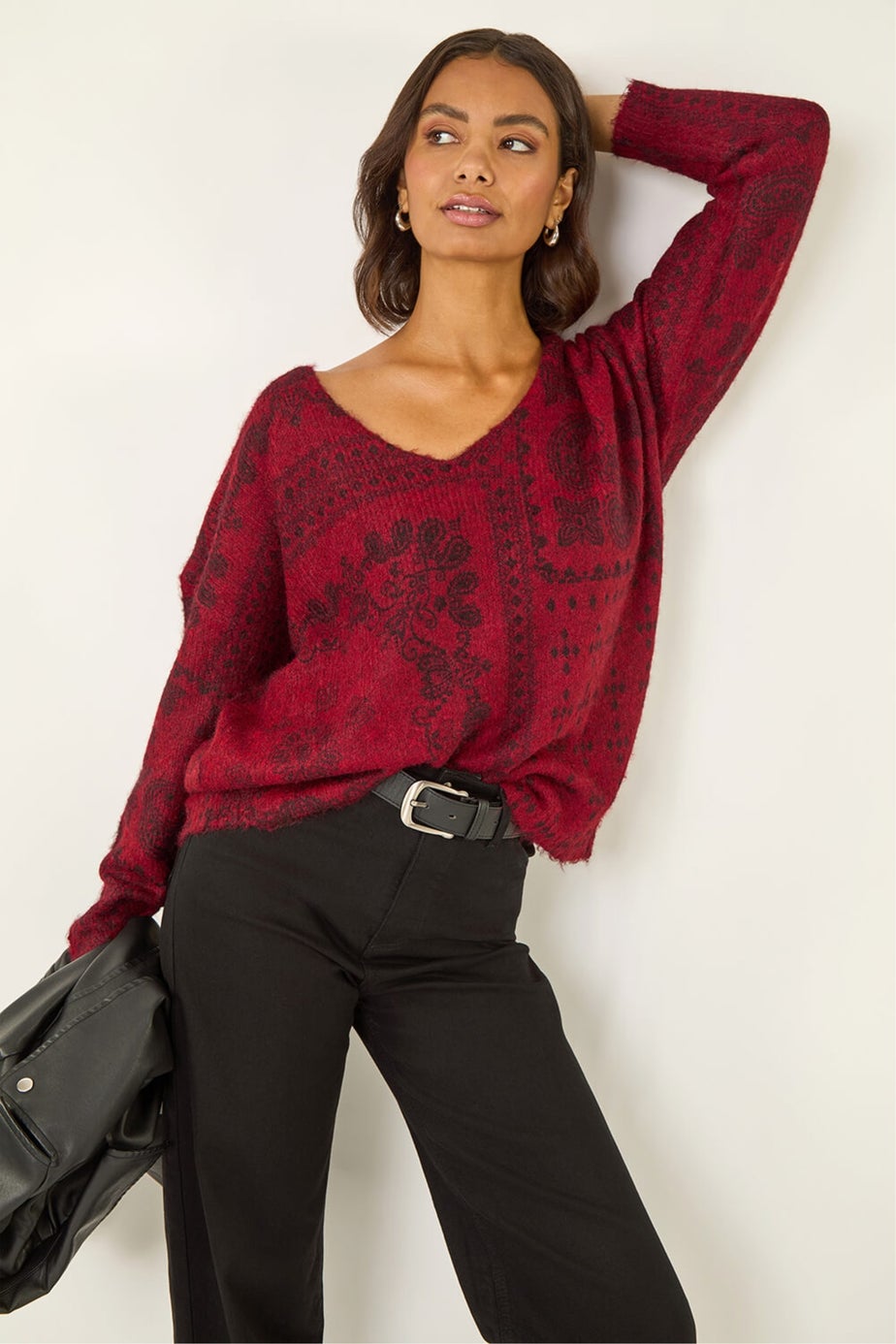 Roman Red Abstract Jacquard V-Neck Jumper