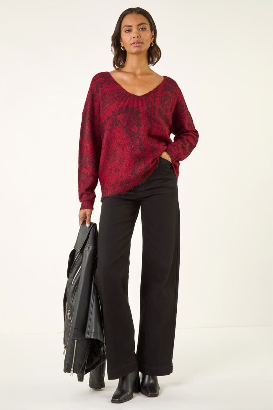 Roman Red Abstract Jacquard V-Neck Jumper