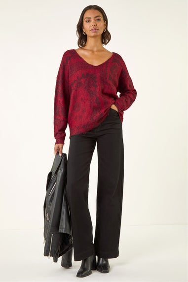Roman Red Abstract Jacquard V-Neck Jumper