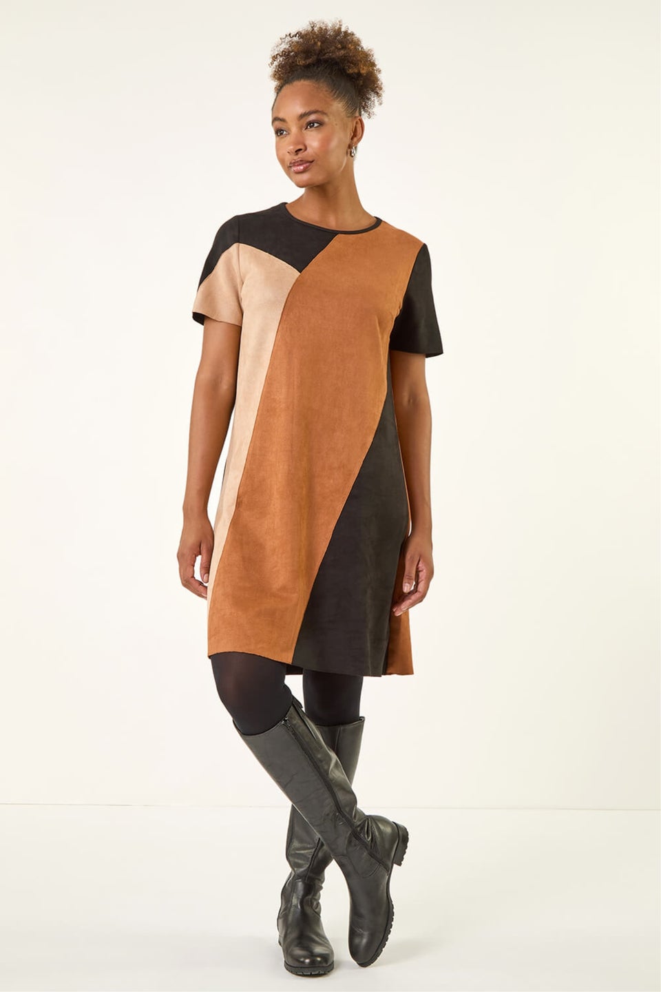Roman Amber Panelled Faux Suede Shift Stretch Dress