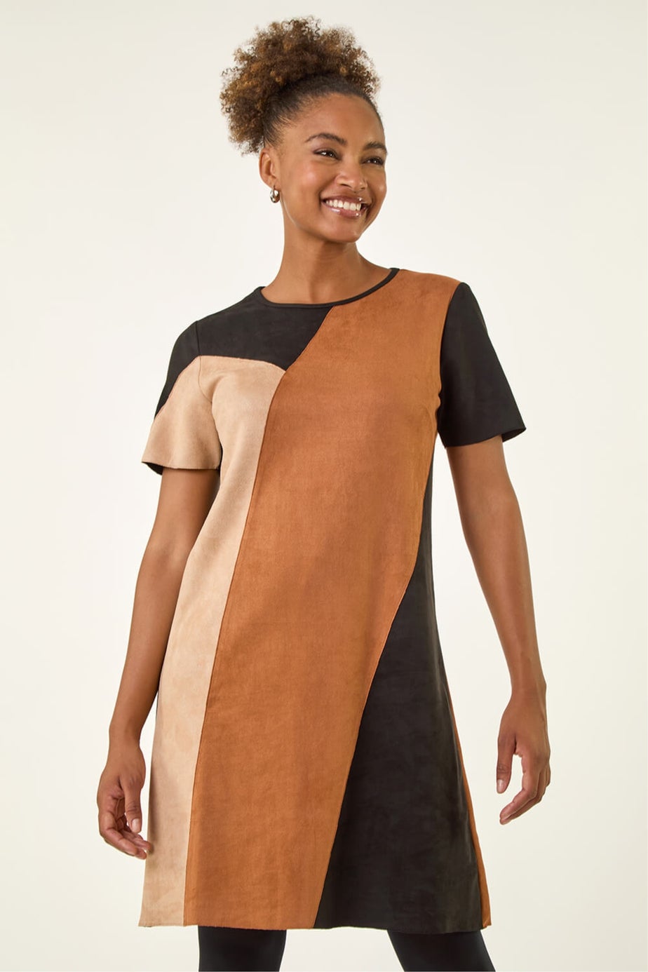 Roman Amber Panelled Faux Suede Shift Stretch Dress
