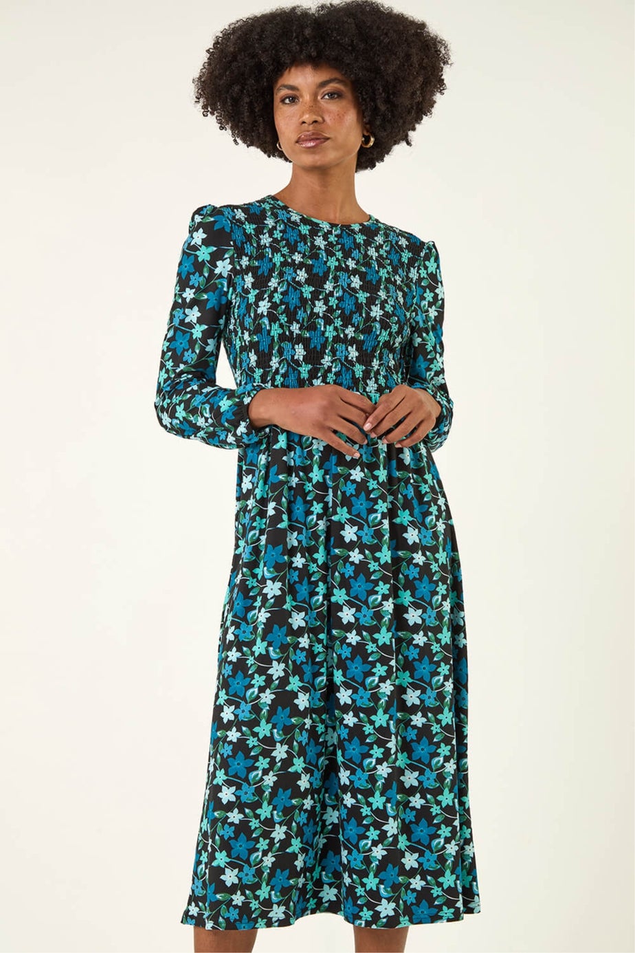 Roman Teal Floral Print Shirred Stretch Midi Dress