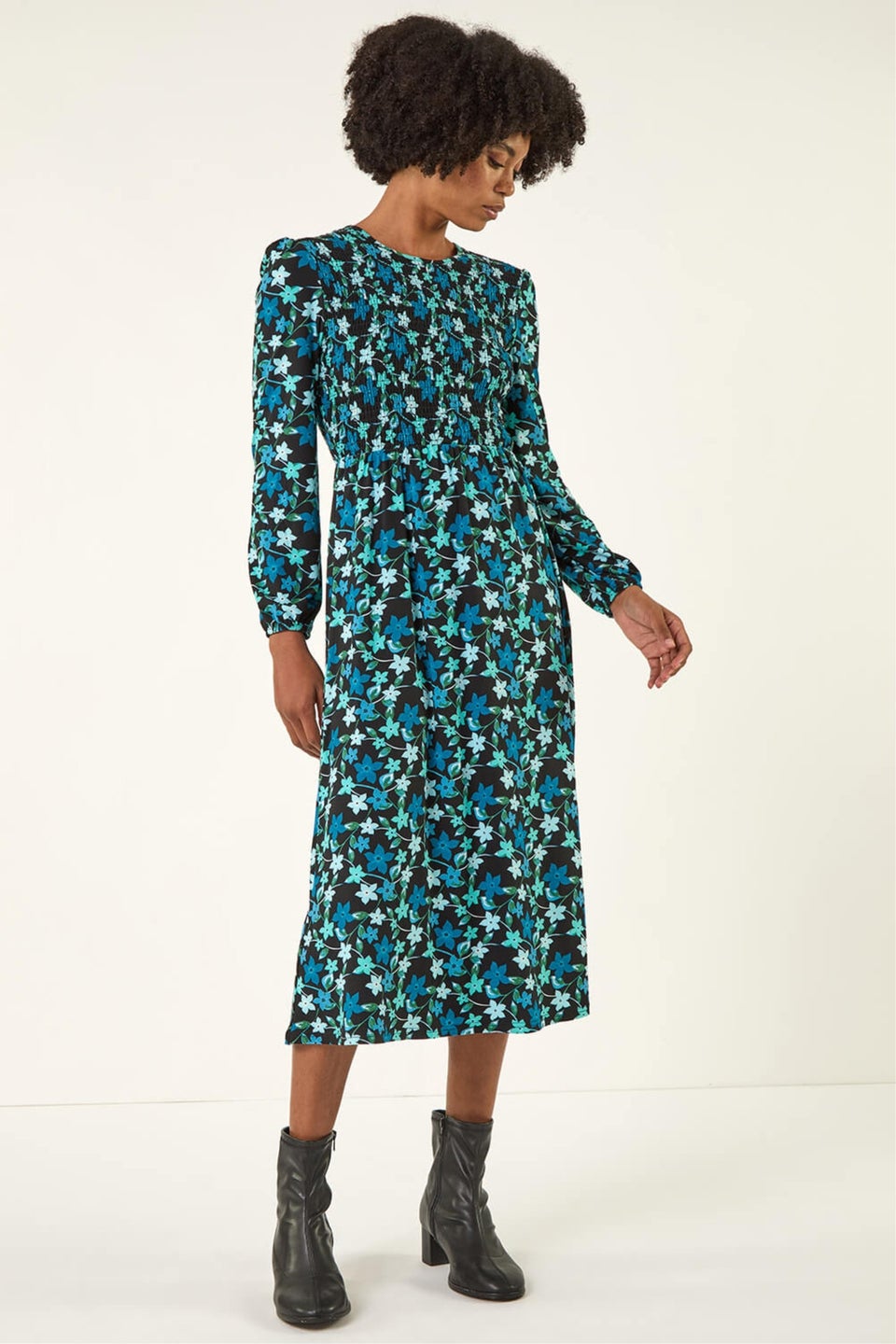 Roman Teal Floral Print Shirred Stretch Midi Dress