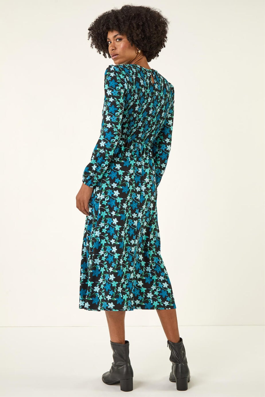 Roman Teal Floral Print Shirred Stretch Midi Dress