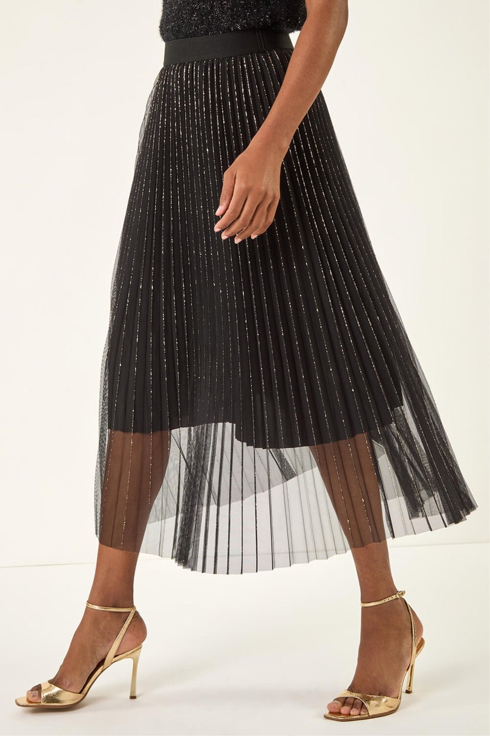 Roman Black Shimmer Mesh Pleated Skirt