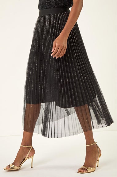 Roman Black Shimmer Mesh Pleated Skirt