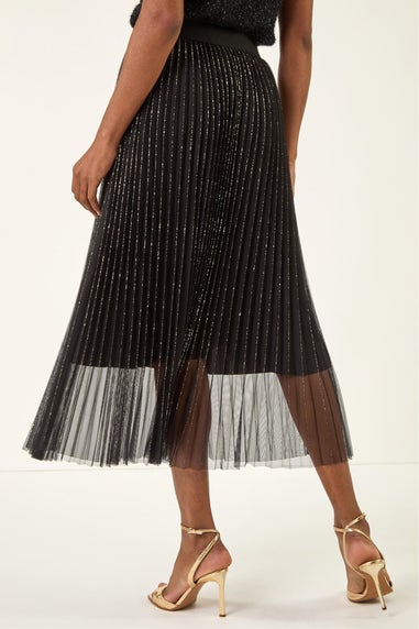 Roman Black Shimmer Mesh Pleated Skirt