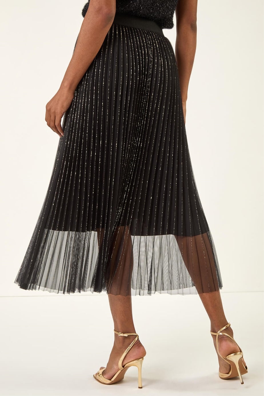 Roman Black Shimmer Mesh Pleated Skirt