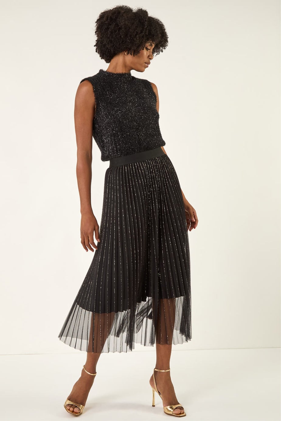 Roman Black Shimmer Mesh Pleated Skirt
