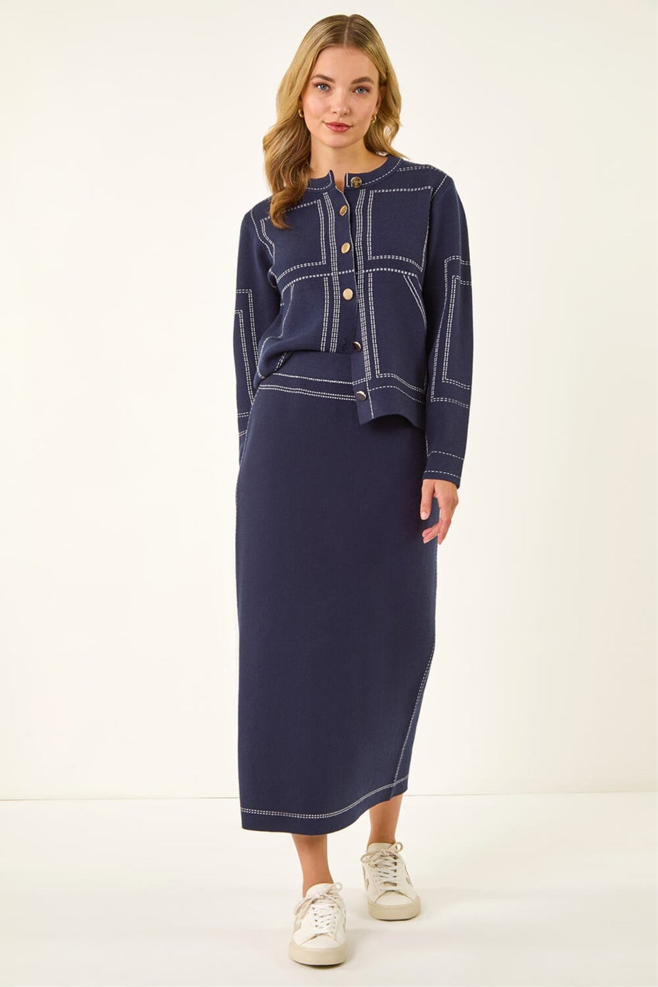Dusk Navy Contrast Stitch Buttoned Skirt