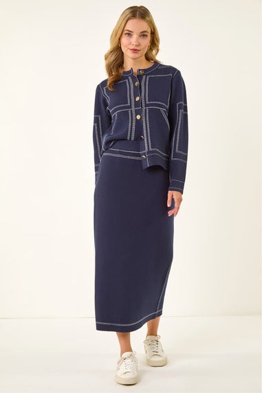 Dusk Navy Contrast Stitch Buttoned Skirt