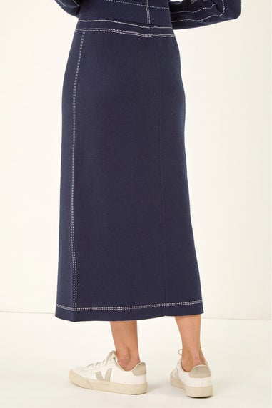 Dusk Navy Contrast Stitch Buttoned Skirt