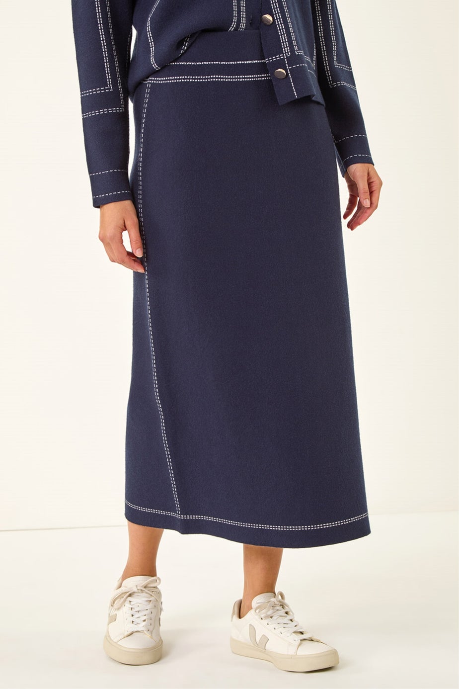 Dusk Navy Contrast Stitch Buttoned Skirt